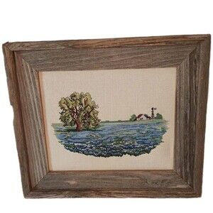 VTG Weathered Wood Framed Cross Stitch Landscape Bluebonnets Barn Windmill Tree